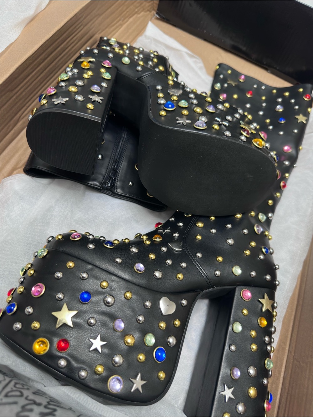 Dolls Kill Black Studded Platform Heeled Boots with Multicolor Gems